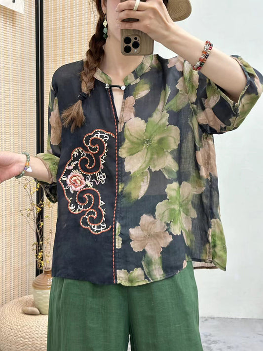 Women Vintage Flower Embroidery Spliced Ramie Blouse
