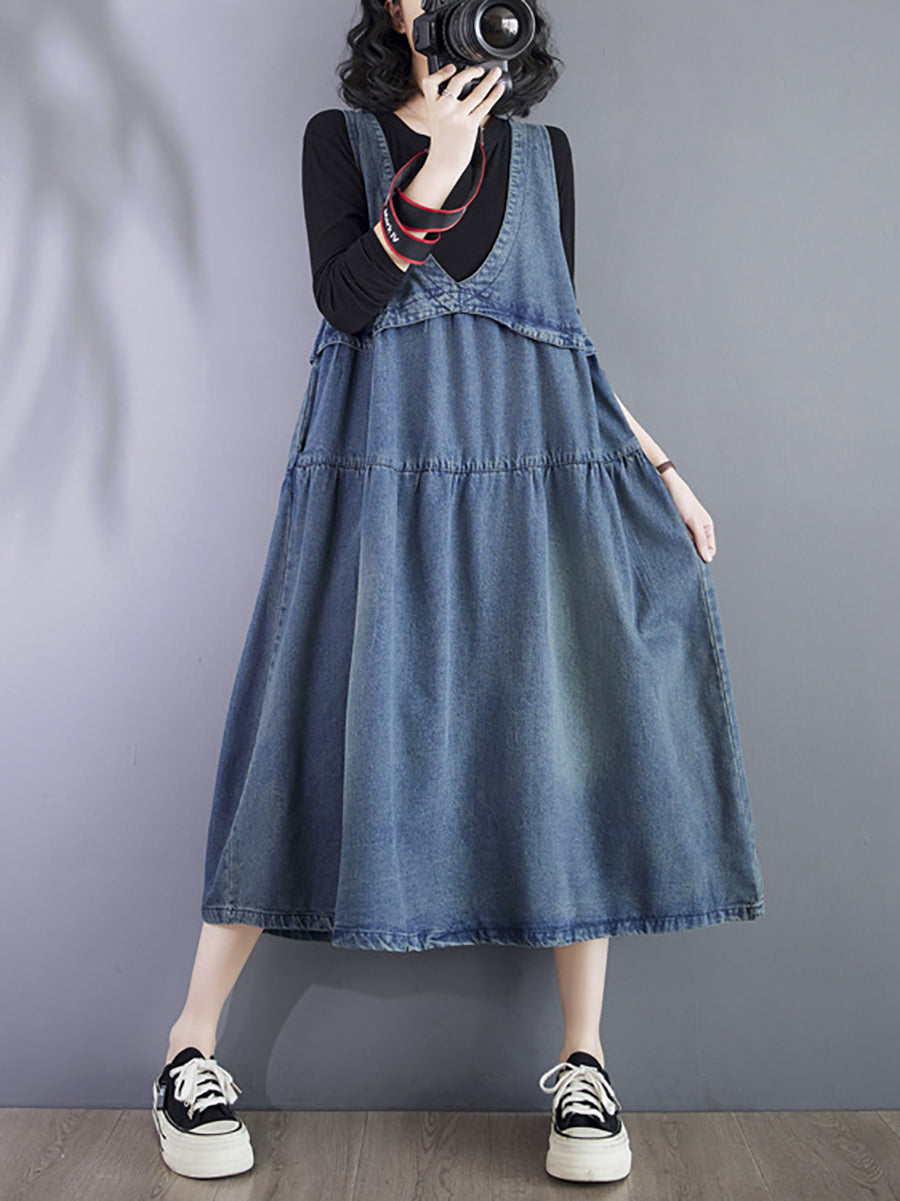 Women Vintage Summer Denim Spliced Vest Dress
