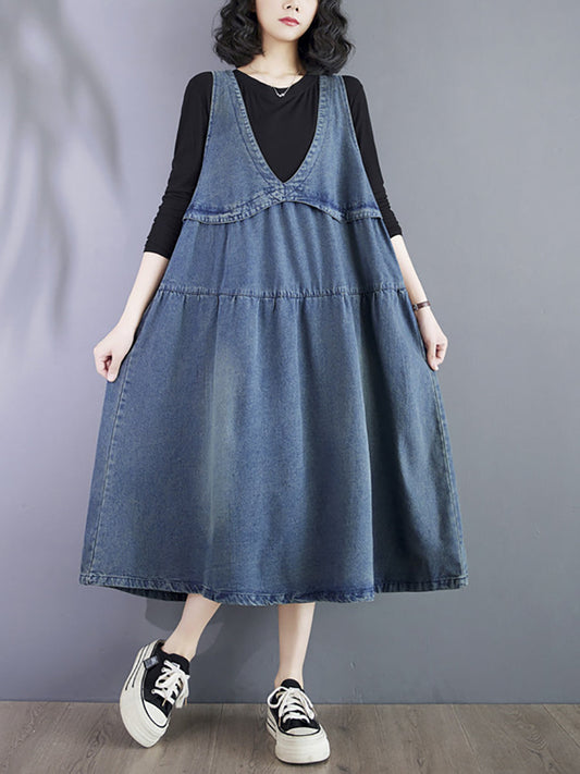 Women Vintage Summer Denim Spliced Vest Dress