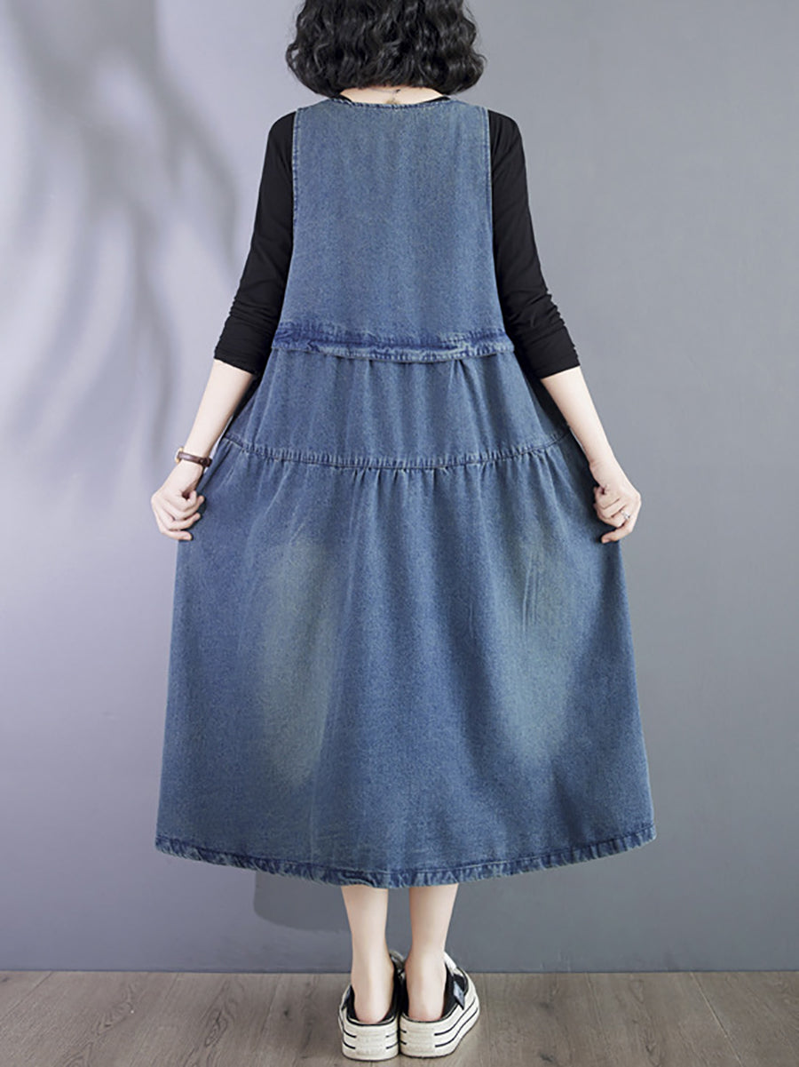 Women Vintage Summer Denim Spliced Vest Dress