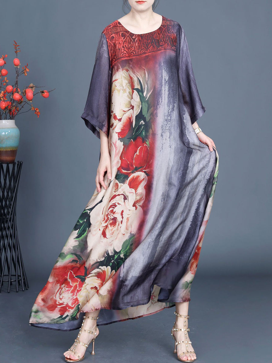 Women Spring Flower Spliced Loose Maxi Dress