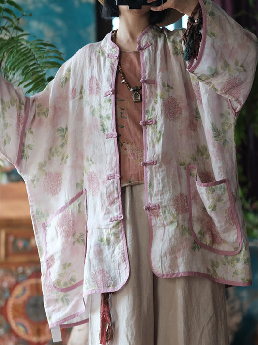 Women Spring Vintage Ramie Floral Button-Up Shirt