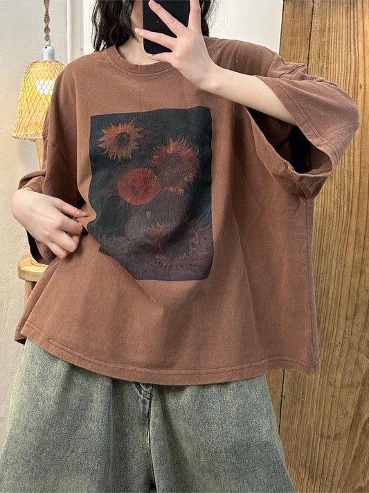 Women Casual Summer Sunflower Print Loose Shirt