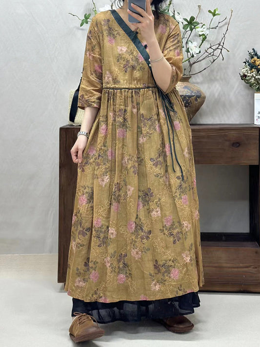 Women Vintage Flower Spliced Linen Dress