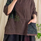 Women Vintage Patch Spliced Summer Linen Shirt