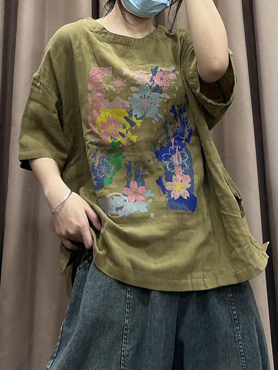 Women Spring Flower Print Vintage Cotton Loose Shirt