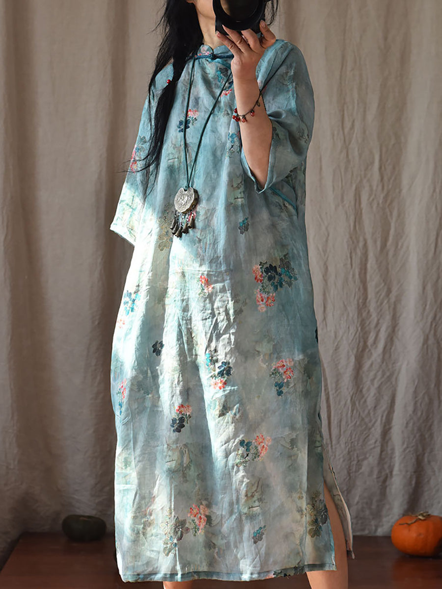 Women Vintage Summer Floral Ramie Robe Dress