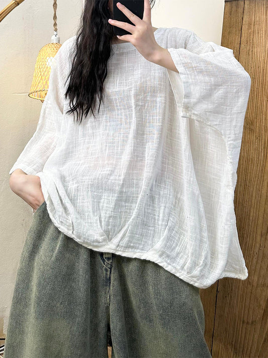 Women Casual Spring Solid Linen Batwing Sleeve Shirt