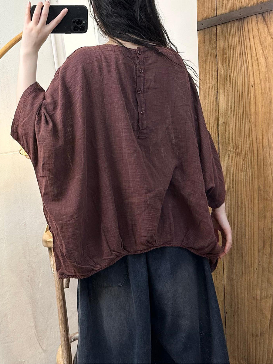 Women Casual Spring Solid Linen Batwing Sleeve Shirt