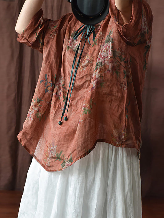 Women Vintage Floral Spring Strap Linen Blouse