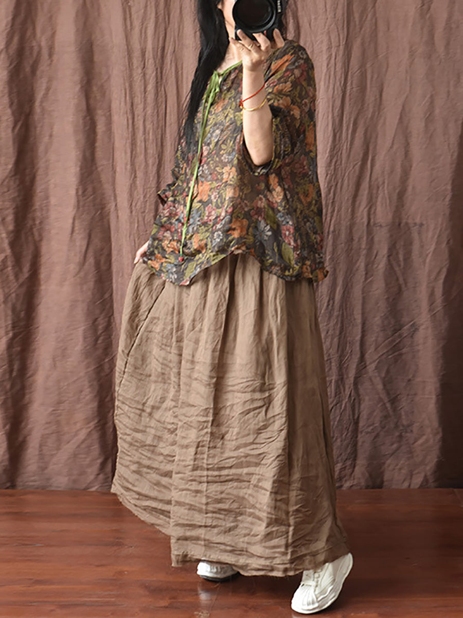 Women Vintage Floral Spring Strap Linen Blouse