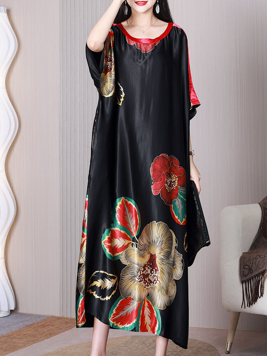 Women Summer Elegant Flower Silk Loose Dress