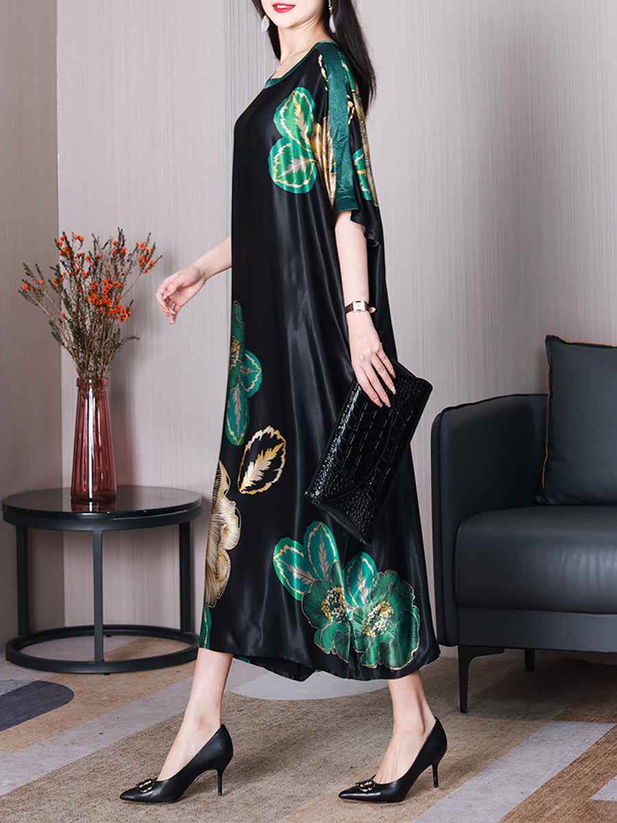 Women Summer Elegant Flower Silk Loose Dress