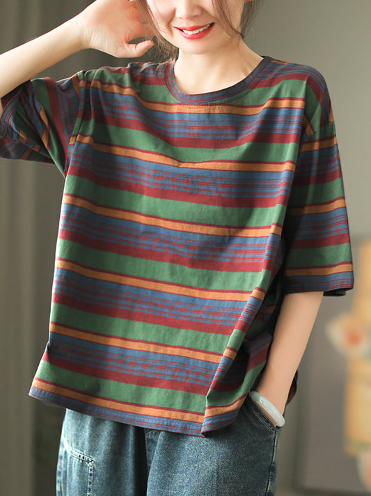 Women Casual Stripe Summer O-Neck Cotton Shirt