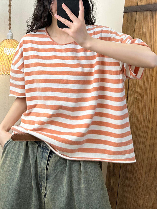 Women Summer Casual Stripe Cotton Pullover Shirt