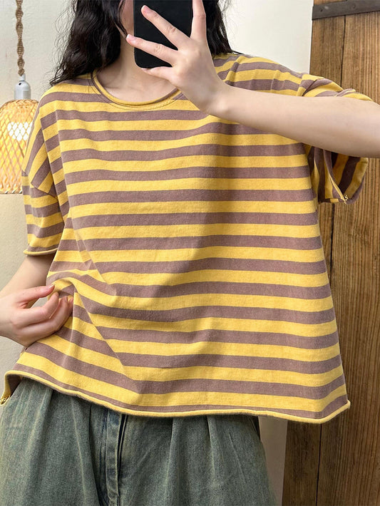 Women Summer Casual Stripe Cotton Pullover Shirt