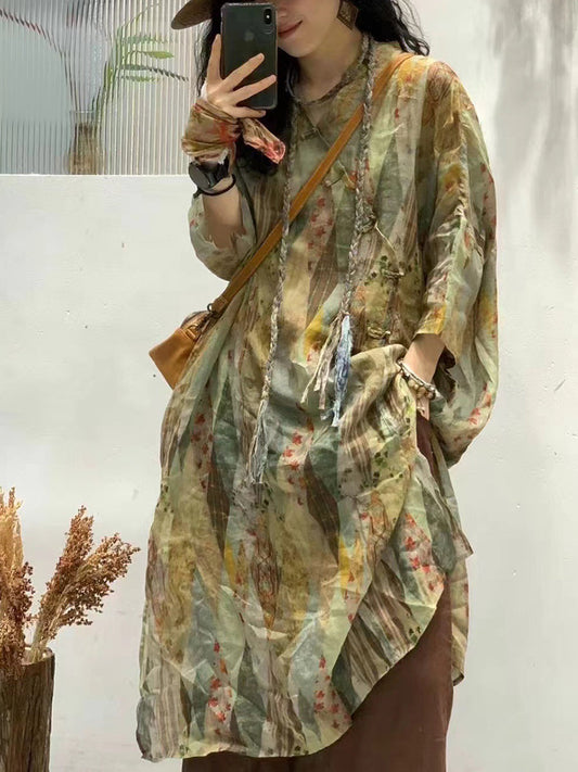 Women Summer Artsy Flower Spliced Ramie Robe Dress