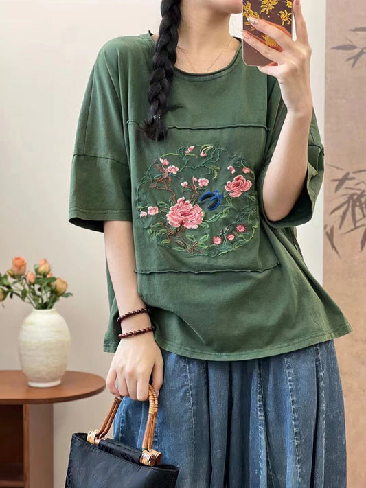 Women Summer Artsy Flower Embroidery Cotton Spliced Shirt
