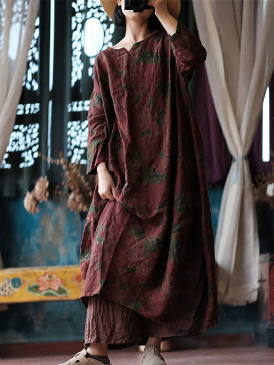 Women Ethnic Flower Worn Loose Long Sleeve Linen Dress