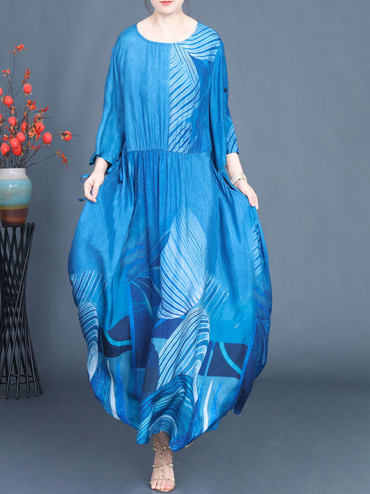 Women Summer Casual Print Blue O-Neck Maxi Dress