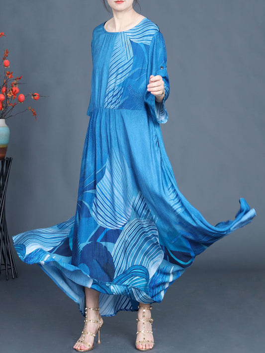 Women Summer Casual Print Blue O-Neck Maxi Dress
