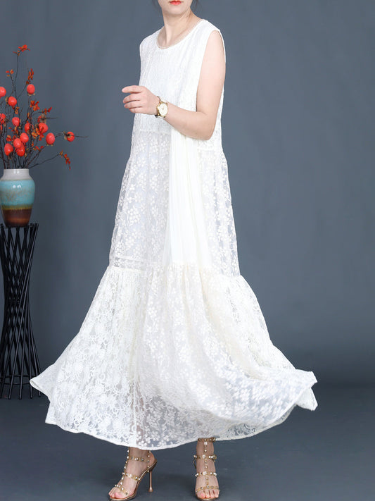 Women Artsy Summer Lace Embroidery Dual-layer Vest Dress