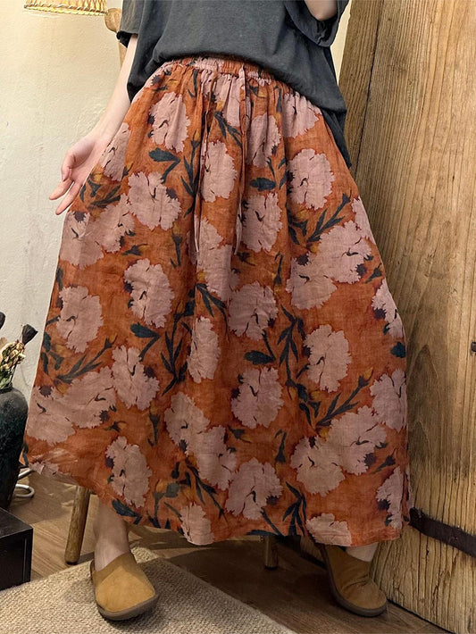 Women Summer Artsy Floral Dual-layer Ramie Skirt