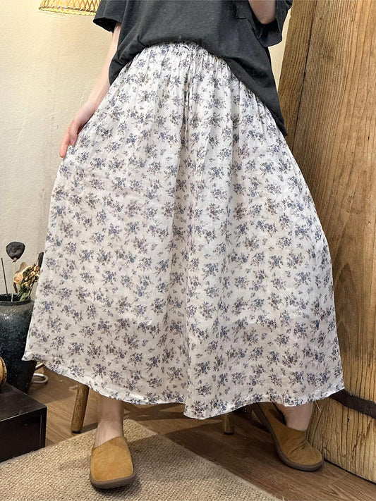 Women Summer Artsy Floral Dual-layer Ramie Skirt