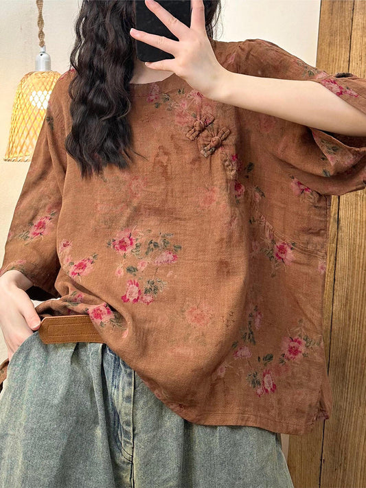Women Summer Vintage Floral O-Neck Buckle Cotton Shirt