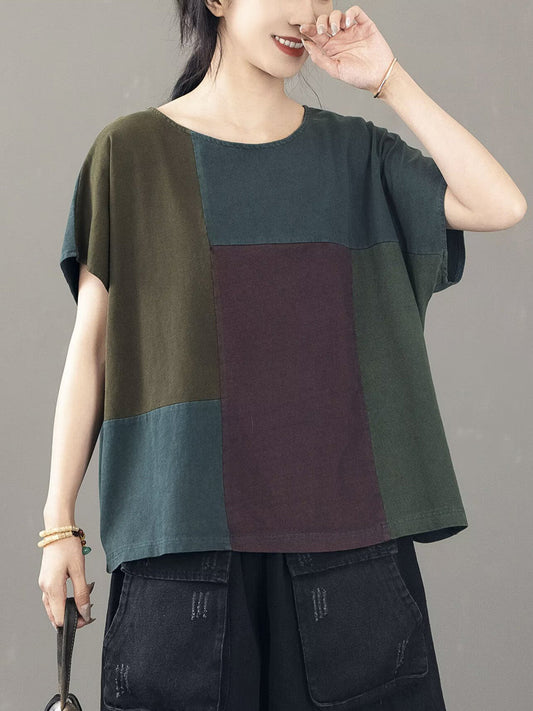 Women Casual Colorblock Cotton Pullover Shirt