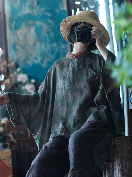 Women Summer VintageFlower Spliced Thin Ramie Shirt