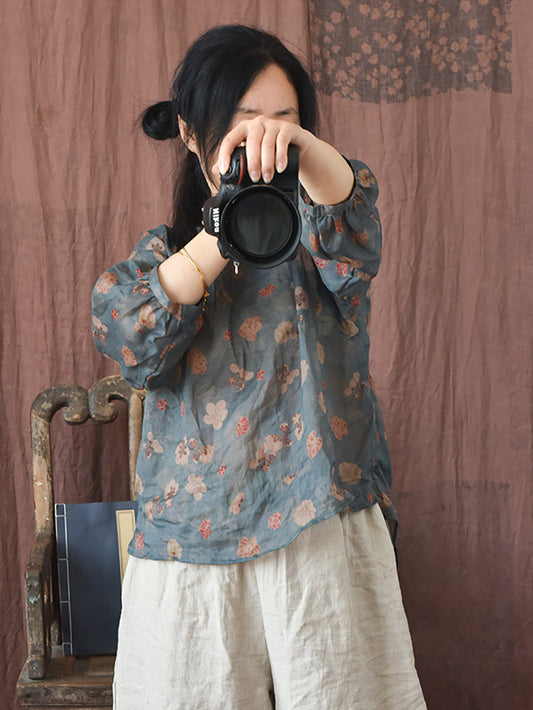 Women Summer Vintage Flower O-neck Ramie Shirt