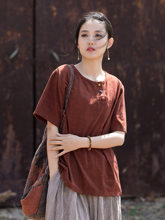 Women Summer Retro Solid O-Neck Cotton Linen Shirt