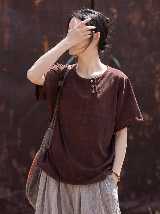 Women Summer Retro Solid O-Neck Cotton Linen Shirt