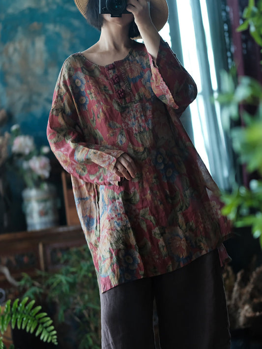 Women Summer Vintage Flower Buckle Ramie Shirt