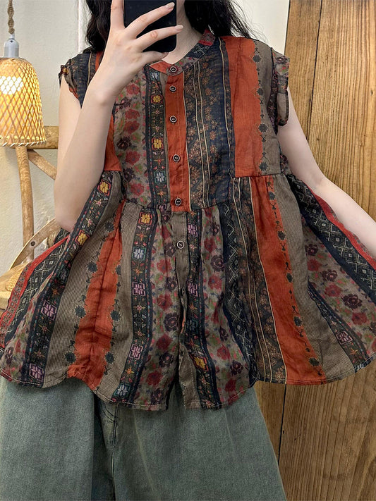 Women Vintage Floral Spliced Button Sleeveless Ramie Shirt