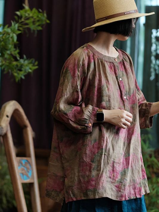 Women Vintage Flower O-Neck 100%Ramie Blouse
