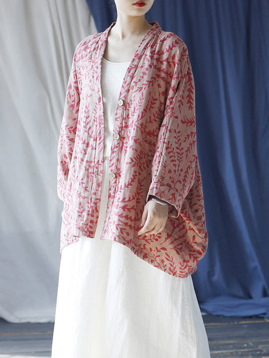 Women Autumn Artsy  Leaf Batwing Sleeve Cotton Blouse