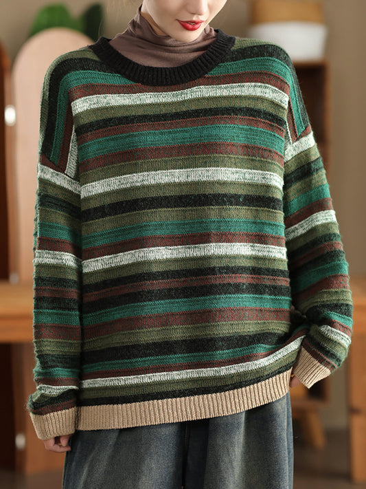 Women Autumn Casual Stripe Colorblock O-Neck Sweater