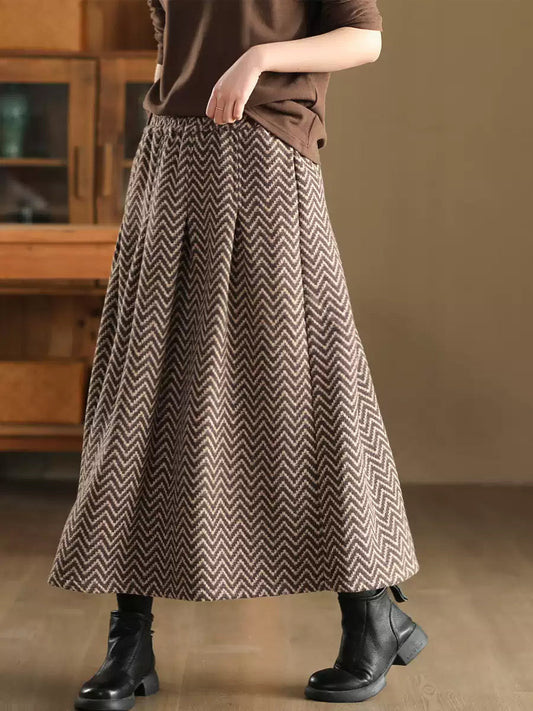 Women Autumn Vintage Stripe Jacquard Wool A-Shape Skirt