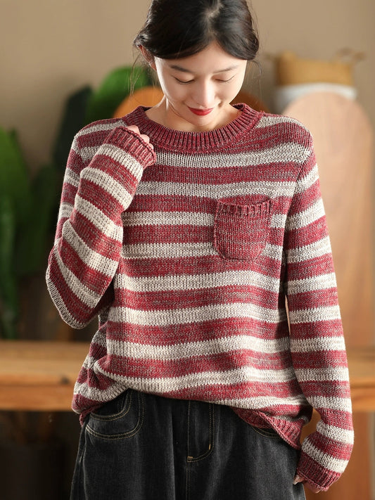 Women Autumn Stripe O-Neck Cotton Sweater