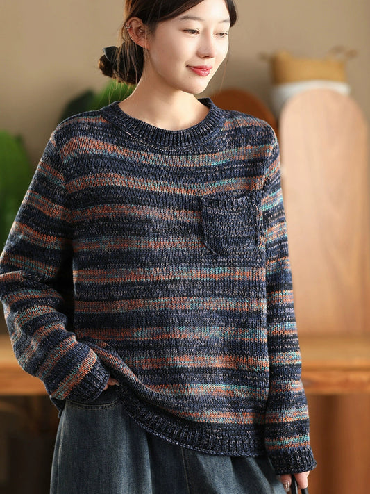 Women Autumn Stripe O-Neck Cotton Sweater