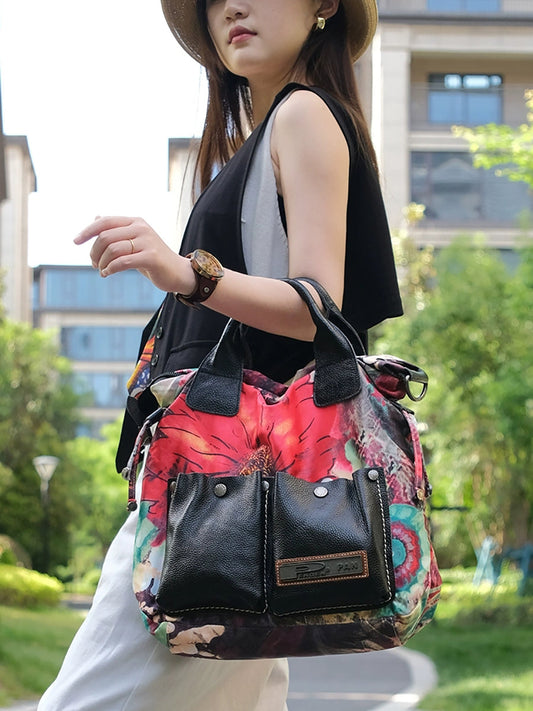 Women Flower Leather Spliced Crossbody Bag Handbag