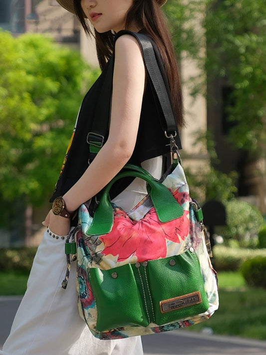 Women Flower Leather Spliced Crossbody Bag Handbag
