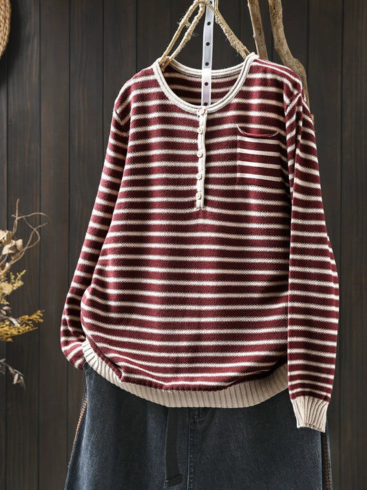 Women Autumn Artsy Stripe O-Neck Sweater