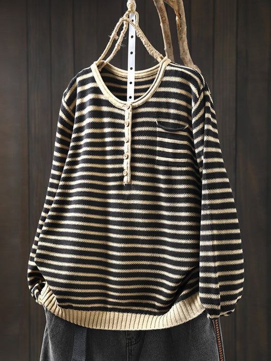 Women Autumn Artsy Stripe O-Neck Sweater