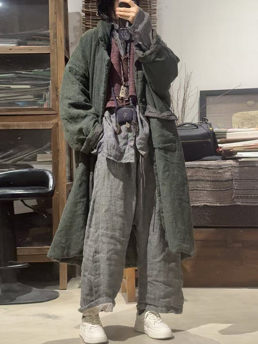 Women Vintage Pure Color Linen Padded Long Coat