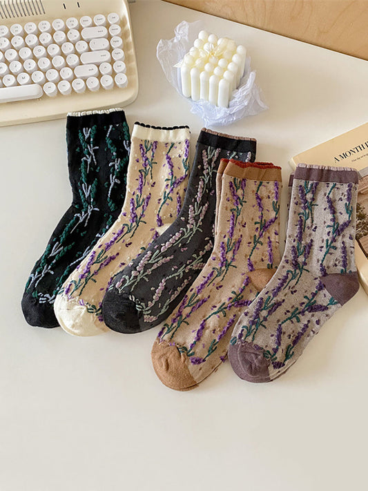 5 Pairs Women Artsy Colorblock Floral Jacquard Cotton Socks