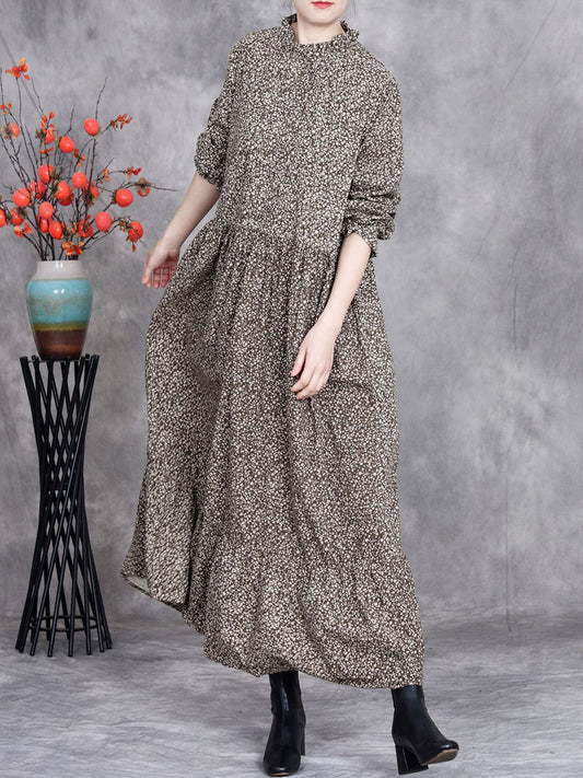 Women Spring Artsy Floral Cotton Linen Dress