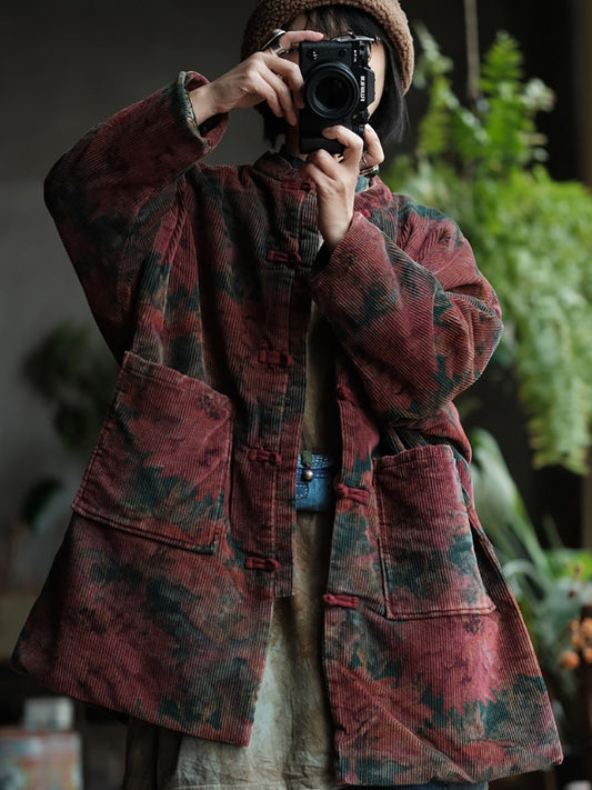 Women Autumn Ethnic Corduroy Flower Padded Coat